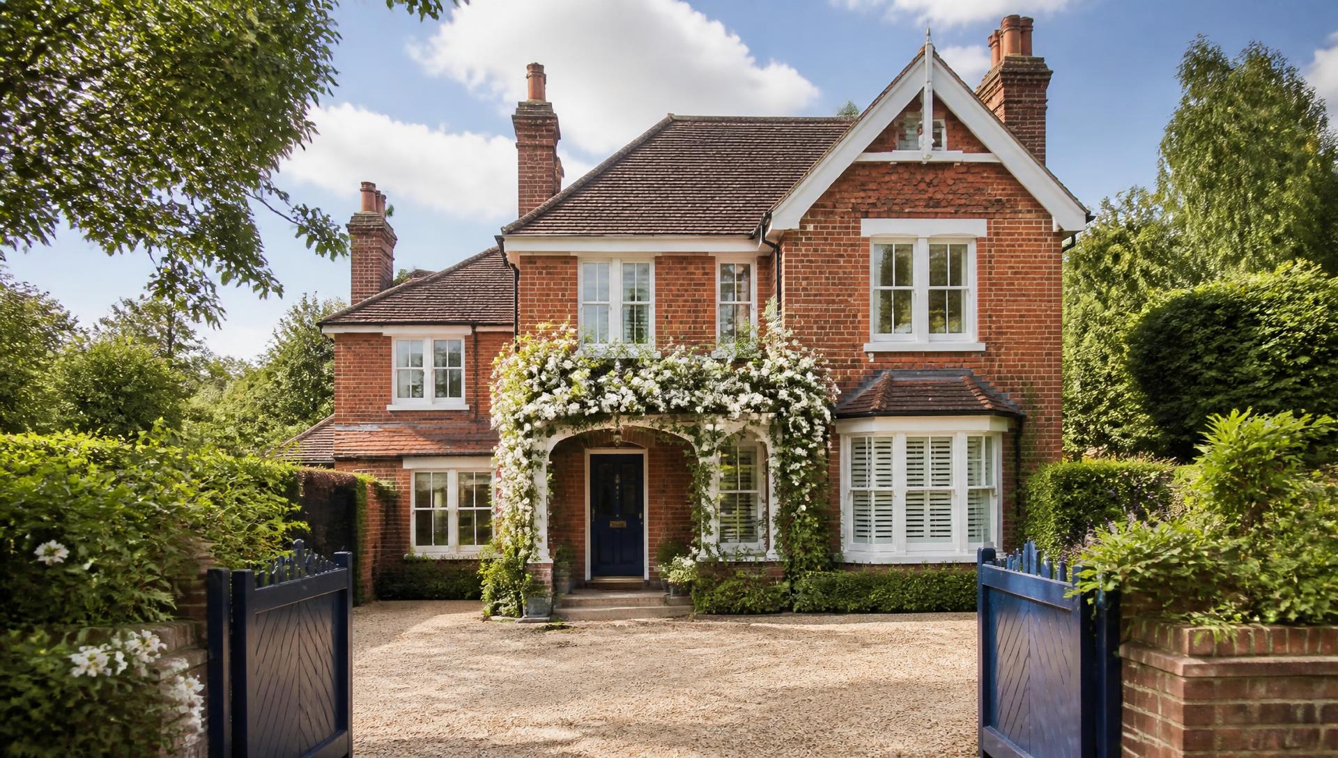 Red brick period family home in Surrey with mature planting and gravel driveway