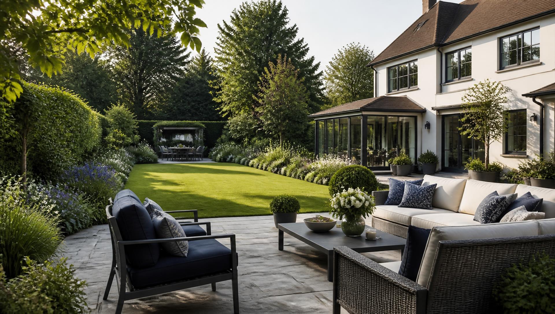 Landscaped garden terrace of a Surrey family home