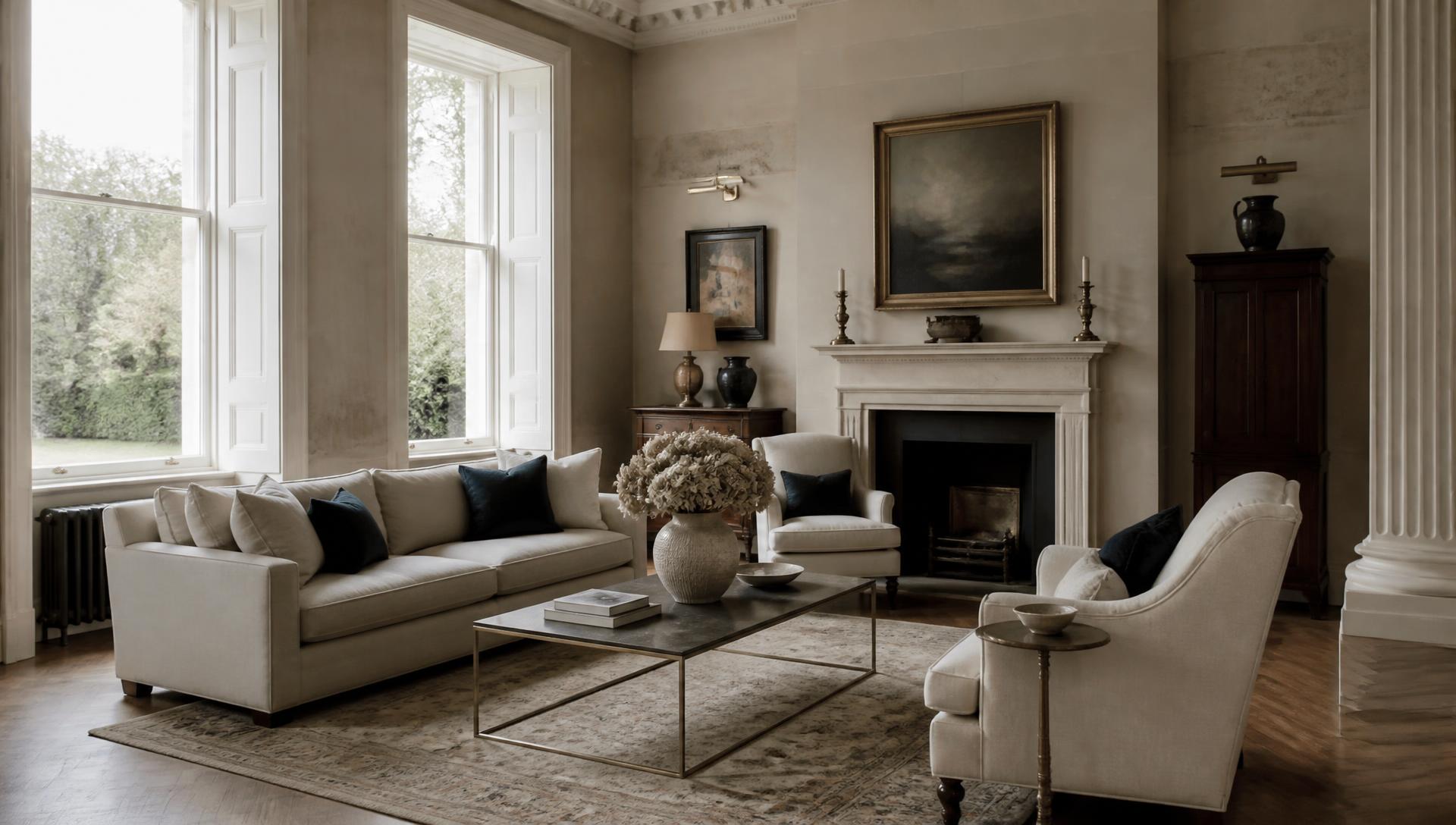 Refined drawing room with tall windows and soft natural light